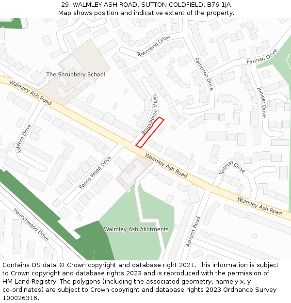 29, WALMLEY ASH ROAD, SUTTON COLDFIELD, B76 1JA: Location map and indicative extent of plot