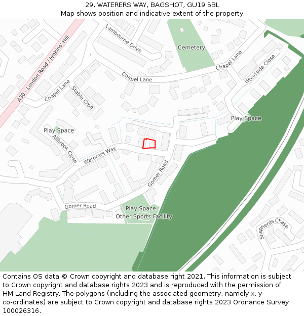 29, WATERERS WAY, BAGSHOT, GU19 5BL: Location map and indicative extent of plot