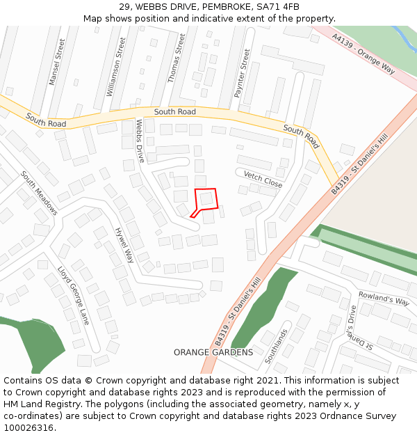 29, WEBBS DRIVE, PEMBROKE, SA71 4FB: Location map and indicative extent of plot