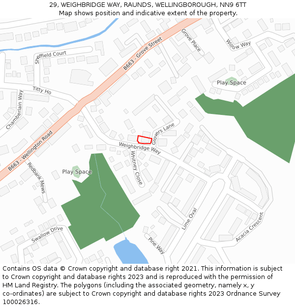 29, WEIGHBRIDGE WAY, RAUNDS, WELLINGBOROUGH, NN9 6TT: Location map and indicative extent of plot