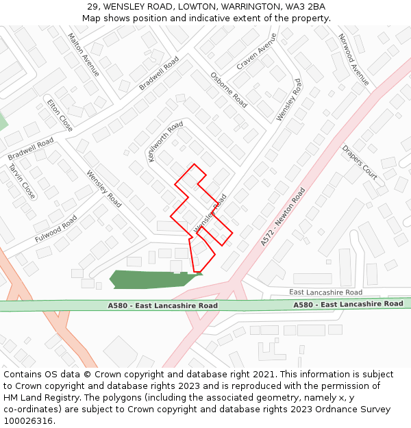 29, WENSLEY ROAD, LOWTON, WARRINGTON, WA3 2BA: Location map and indicative extent of plot