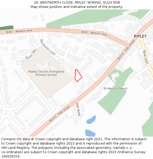 29, WENTWORTH CLOSE, RIPLEY, WOKING, GU23 6DB: Location map and indicative extent of plot