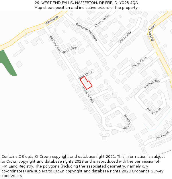 29, WEST END FALLS, NAFFERTON, DRIFFIELD, YO25 4QA: Location map and indicative extent of plot