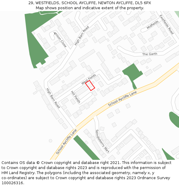 29, WESTFIELDS, SCHOOL AYCLIFFE, NEWTON AYCLIFFE, DL5 6PX: Location map and indicative extent of plot