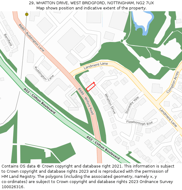 29, WHATTON DRIVE, WEST BRIDGFORD, NOTTINGHAM, NG2 7UX: Location map and indicative extent of plot