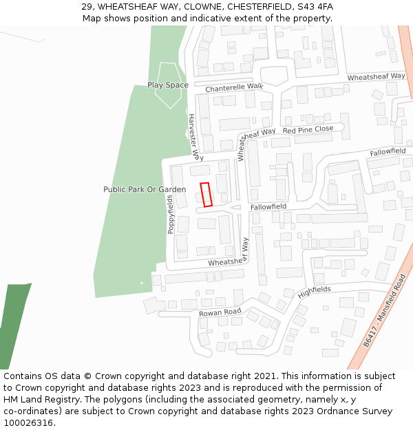29, WHEATSHEAF WAY, CLOWNE, CHESTERFIELD, S43 4FA: Location map and indicative extent of plot