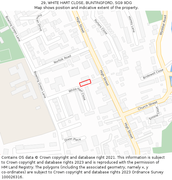 29, WHITE HART CLOSE, BUNTINGFORD, SG9 9DG: Location map and indicative extent of plot