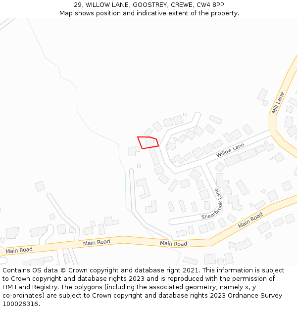 29, WILLOW LANE, GOOSTREY, CREWE, CW4 8PP: Location map and indicative extent of plot