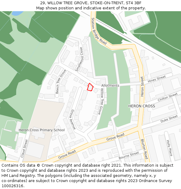 29, WILLOW TREE GROVE, STOKE-ON-TRENT, ST4 3BF: Location map and indicative extent of plot