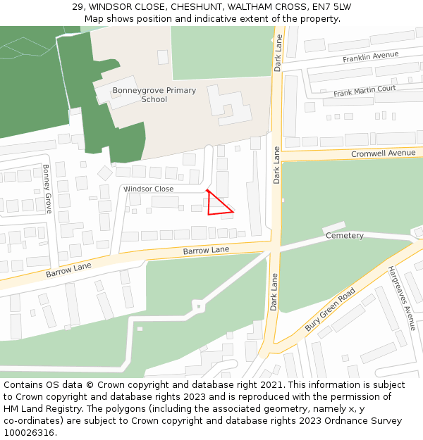 29, WINDSOR CLOSE, CHESHUNT, WALTHAM CROSS, EN7 5LW: Location map and indicative extent of plot