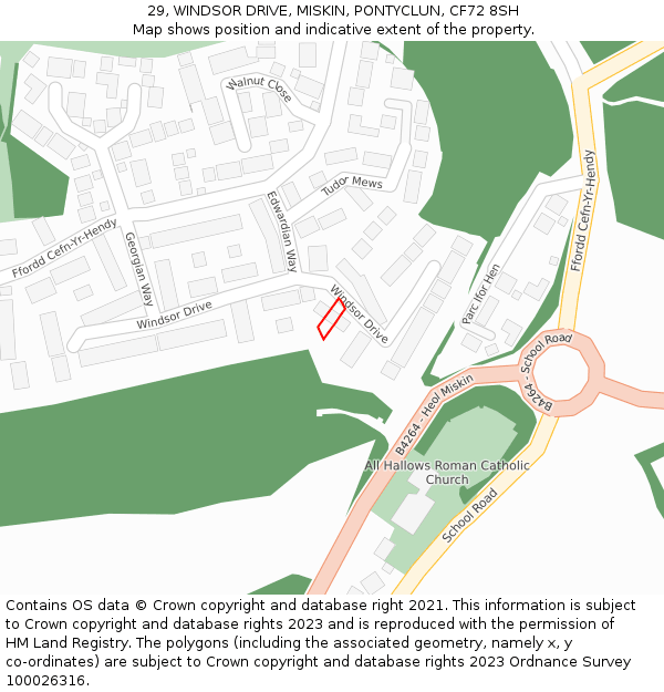 29, WINDSOR DRIVE, MISKIN, PONTYCLUN, CF72 8SH: Location map and indicative extent of plot