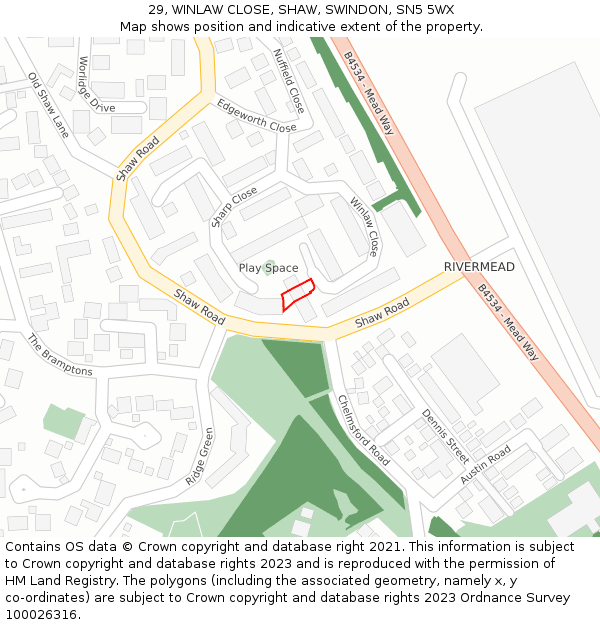 29, WINLAW CLOSE, SHAW, SWINDON, SN5 5WX: Location map and indicative extent of plot