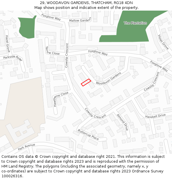 29, WOODAVON GARDENS, THATCHAM, RG18 4DN: Location map and indicative extent of plot