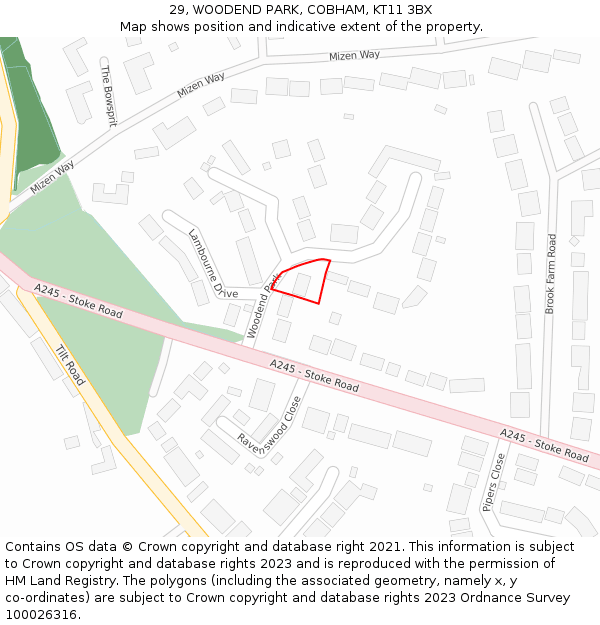 29, WOODEND PARK, COBHAM, KT11 3BX: Location map and indicative extent of plot
