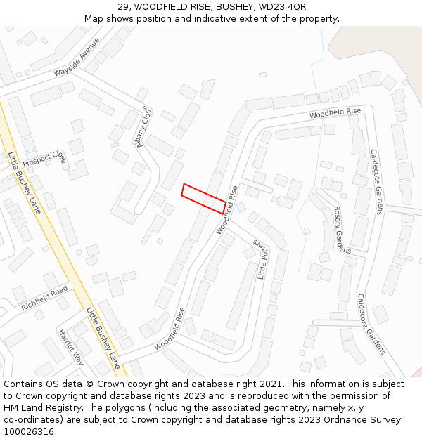 29, WOODFIELD RISE, BUSHEY, WD23 4QR: Location map and indicative extent of plot