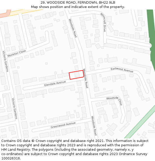 29, WOODSIDE ROAD, FERNDOWN, BH22 9LB: Location map and indicative extent of plot