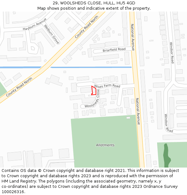 29, WOOLSHEDS CLOSE, HULL, HU5 4GD: Location map and indicative extent of plot