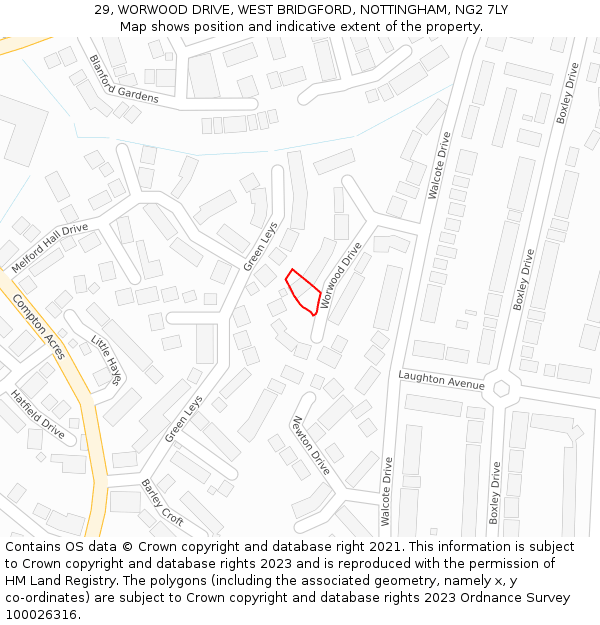 29, WORWOOD DRIVE, WEST BRIDGFORD, NOTTINGHAM, NG2 7LY: Location map and indicative extent of plot