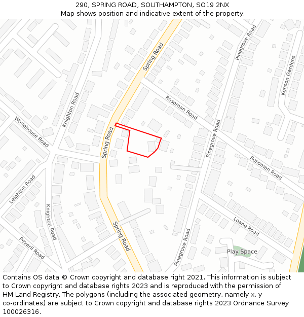 290, SPRING ROAD, SOUTHAMPTON, SO19 2NX: Location map and indicative extent of plot