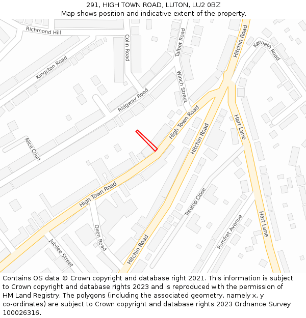 291, HIGH TOWN ROAD, LUTON, LU2 0BZ: Location map and indicative extent of plot