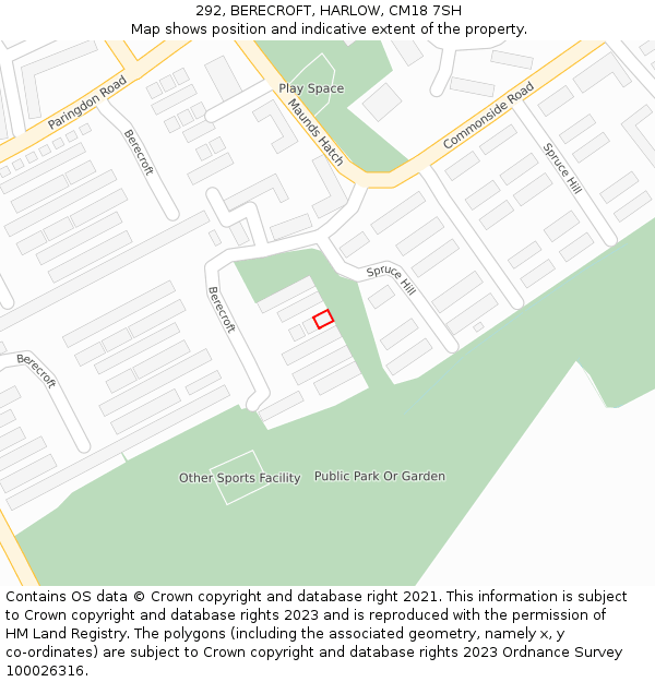 292, BERECROFT, HARLOW, CM18 7SH: Location map and indicative extent of plot