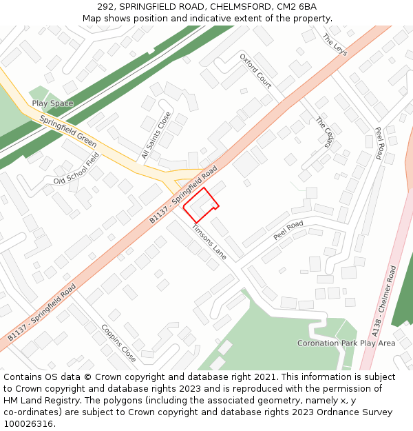 292, SPRINGFIELD ROAD, CHELMSFORD, CM2 6BA: Location map and indicative extent of plot