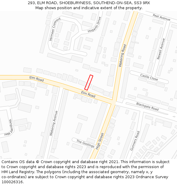 293, ELM ROAD, SHOEBURYNESS, SOUTHEND-ON-SEA, SS3 9RX: Location map and indicative extent of plot