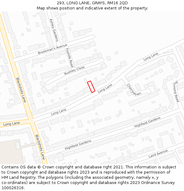 293, LONG LANE, GRAYS, RM16 2QD: Location map and indicative extent of plot