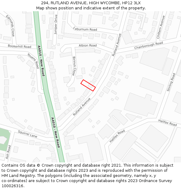 294, RUTLAND AVENUE, HIGH WYCOMBE, HP12 3LX: Location map and indicative extent of plot