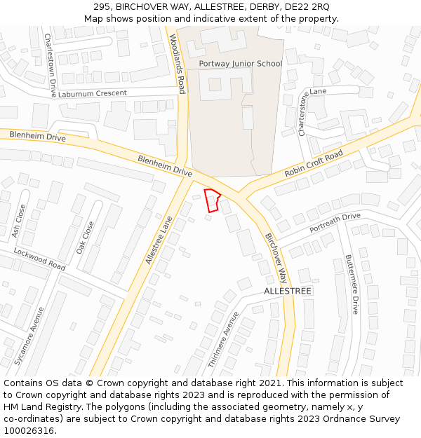 295, BIRCHOVER WAY, ALLESTREE, DERBY, DE22 2RQ: Location map and indicative extent of plot