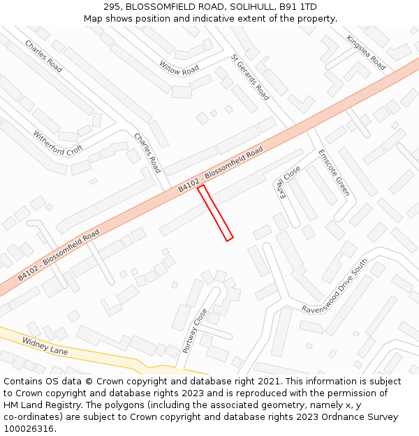 295, BLOSSOMFIELD ROAD, SOLIHULL, B91 1TD: Location map and indicative extent of plot