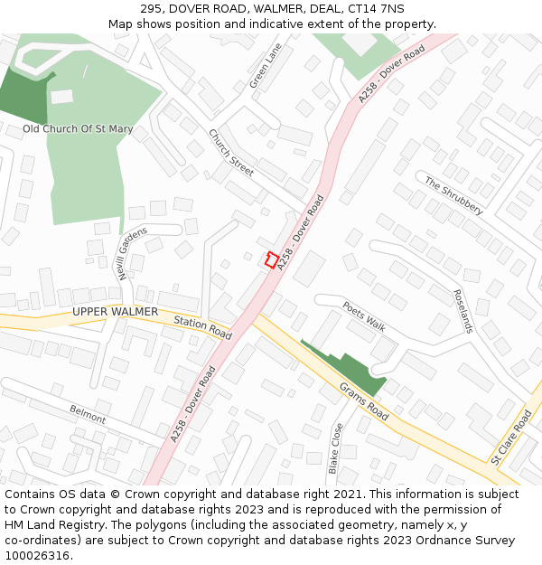 295, DOVER ROAD, WALMER, DEAL, CT14 7NS: Location map and indicative extent of plot