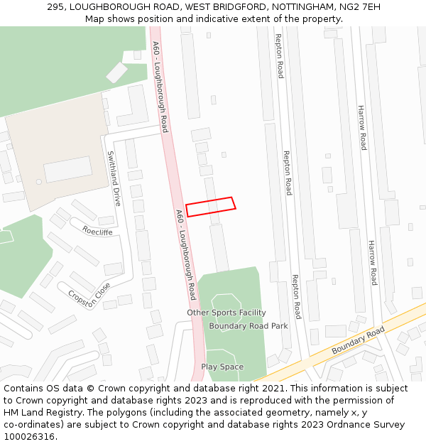 295, LOUGHBOROUGH ROAD, WEST BRIDGFORD, NOTTINGHAM, NG2 7EH: Location map and indicative extent of plot