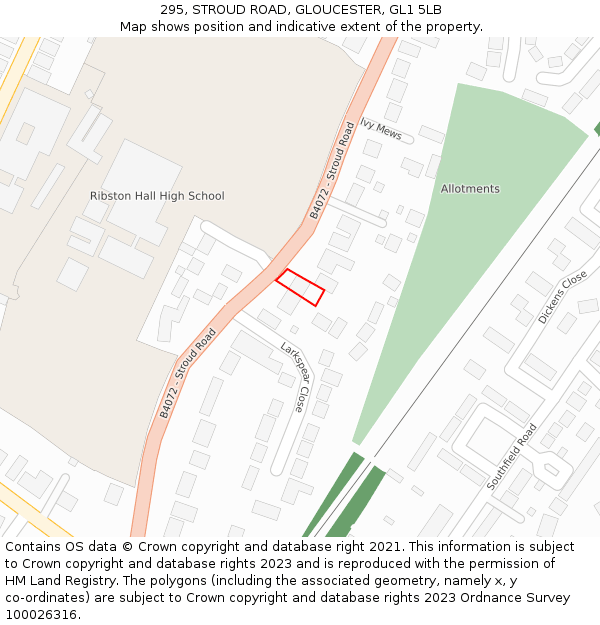 295, STROUD ROAD, GLOUCESTER, GL1 5LB: Location map and indicative extent of plot