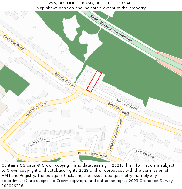 296, BIRCHFIELD ROAD, REDDITCH, B97 4LZ: Location map and indicative extent of plot