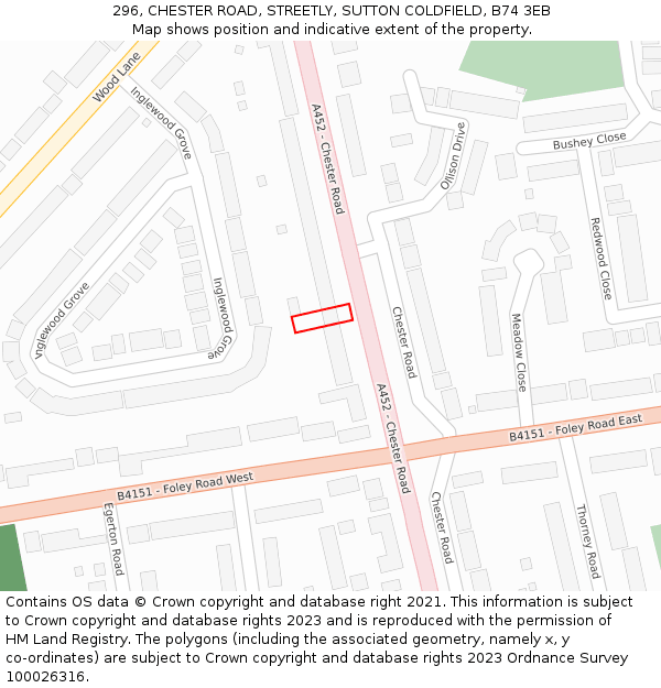 296, CHESTER ROAD, STREETLY, SUTTON COLDFIELD, B74 3EB: Location map and indicative extent of plot