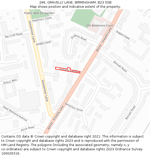 296, GRAVELLY LANE, BIRMINGHAM, B23 5SB: Location map and indicative extent of plot