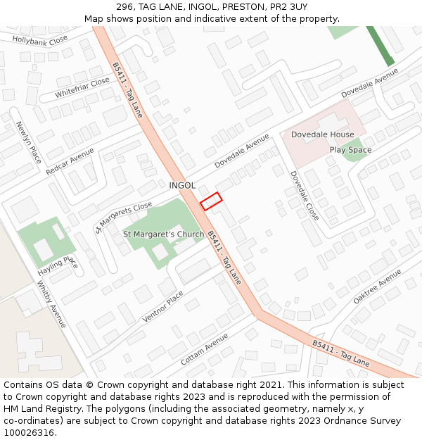 296, TAG LANE, INGOL, PRESTON, PR2 3UY: Location map and indicative extent of plot