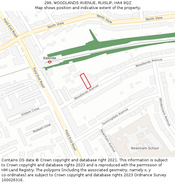 296, WOODLANDS AVENUE, RUISLIP, HA4 9QZ: Location map and indicative extent of plot