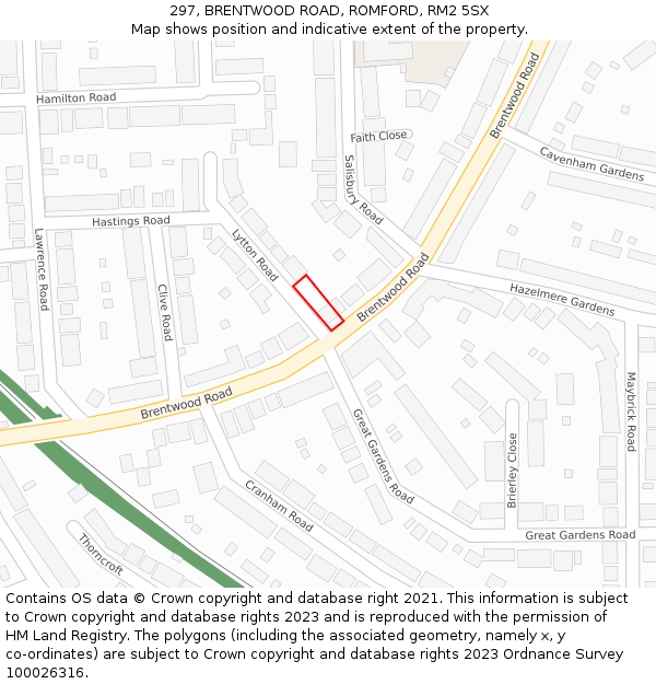 297, BRENTWOOD ROAD, ROMFORD, RM2 5SX: Location map and indicative extent of plot