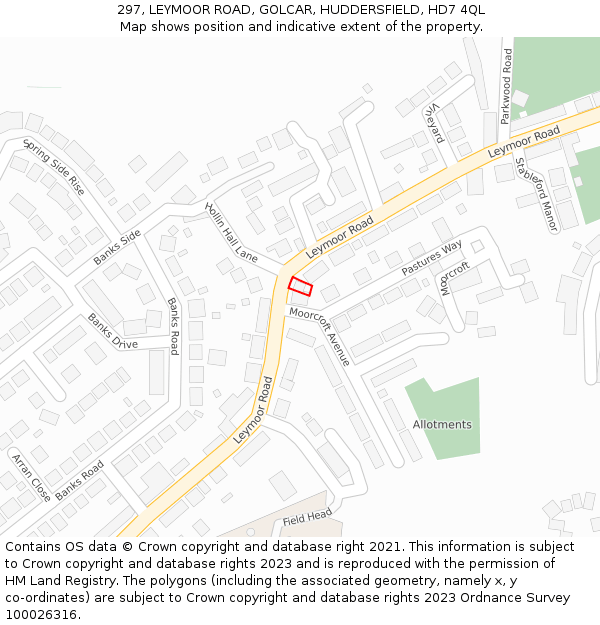 297, LEYMOOR ROAD, GOLCAR, HUDDERSFIELD, HD7 4QL: Location map and indicative extent of plot