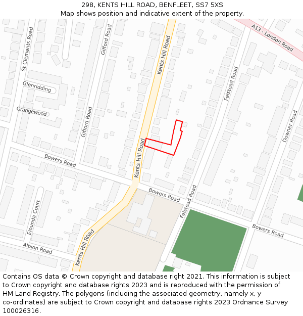 298, KENTS HILL ROAD, BENFLEET, SS7 5XS: Location map and indicative extent of plot