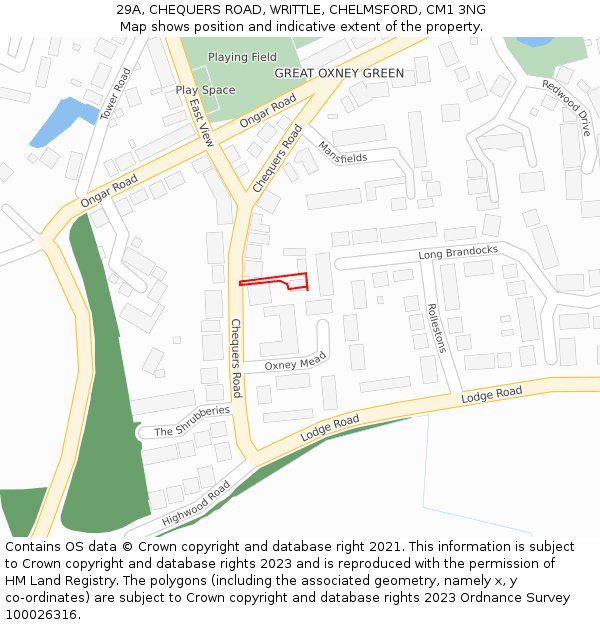 29A, CHEQUERS ROAD, WRITTLE, CHELMSFORD, CM1 3NG: Location map and indicative extent of plot