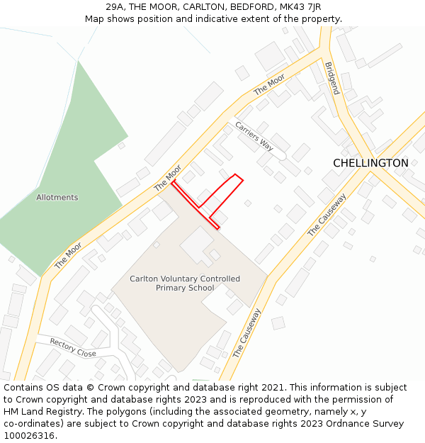 29A, THE MOOR, CARLTON, BEDFORD, MK43 7JR: Location map and indicative extent of plot