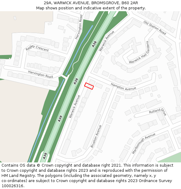 29A, WARWICK AVENUE, BROMSGROVE, B60 2AR: Location map and indicative extent of plot