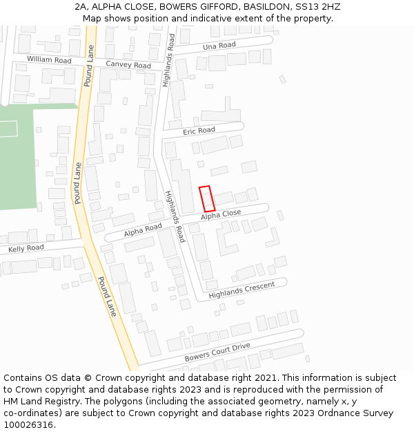 2A, ALPHA CLOSE, BOWERS GIFFORD, BASILDON, SS13 2HZ: Location map and indicative extent of plot