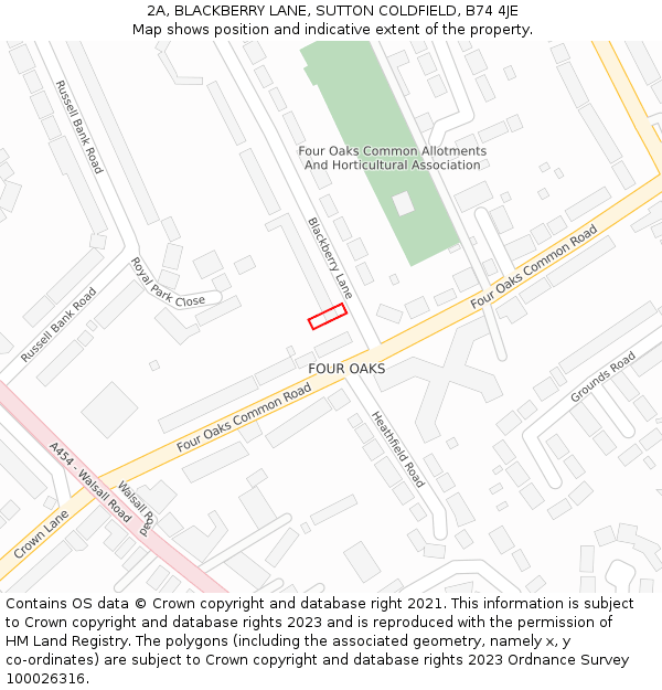 2A, BLACKBERRY LANE, SUTTON COLDFIELD, B74 4JE: Location map and indicative extent of plot