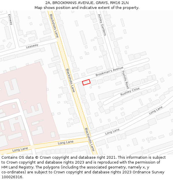2A, BROOKMANS AVENUE, GRAYS, RM16 2LN: Location map and indicative extent of plot