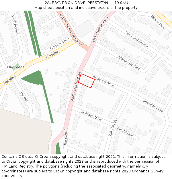 2A, BRYNTIRION DRIVE, PRESTATYN, LL19 9NU: Location map and indicative extent of plot