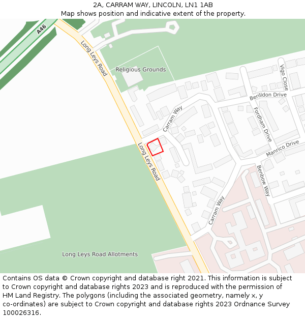 2A, CARRAM WAY, LINCOLN, LN1 1AB: Location map and indicative extent of plot